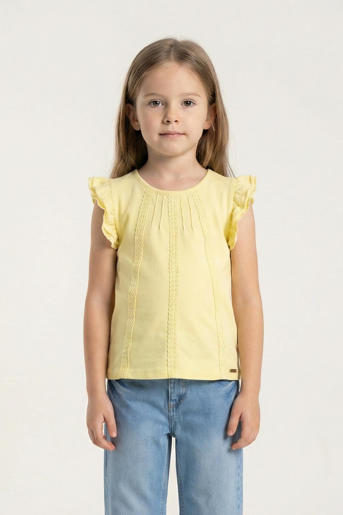 Dantel Detaylı Fırfırlı Kısa Kol Kız Çocuk Tişört Sarı - 9 Yaş
