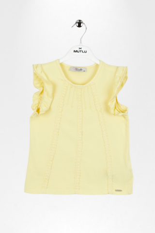 Dantel Detaylı Fırfırlı Kısa Kol Kız Çocuk Tişört Sarı - 9 Yaş