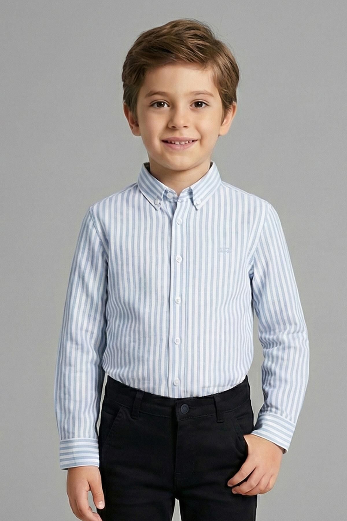 Mutlu Kids Çizgili Erkek Çocuk Gömlek Mavi - 5 Yaş