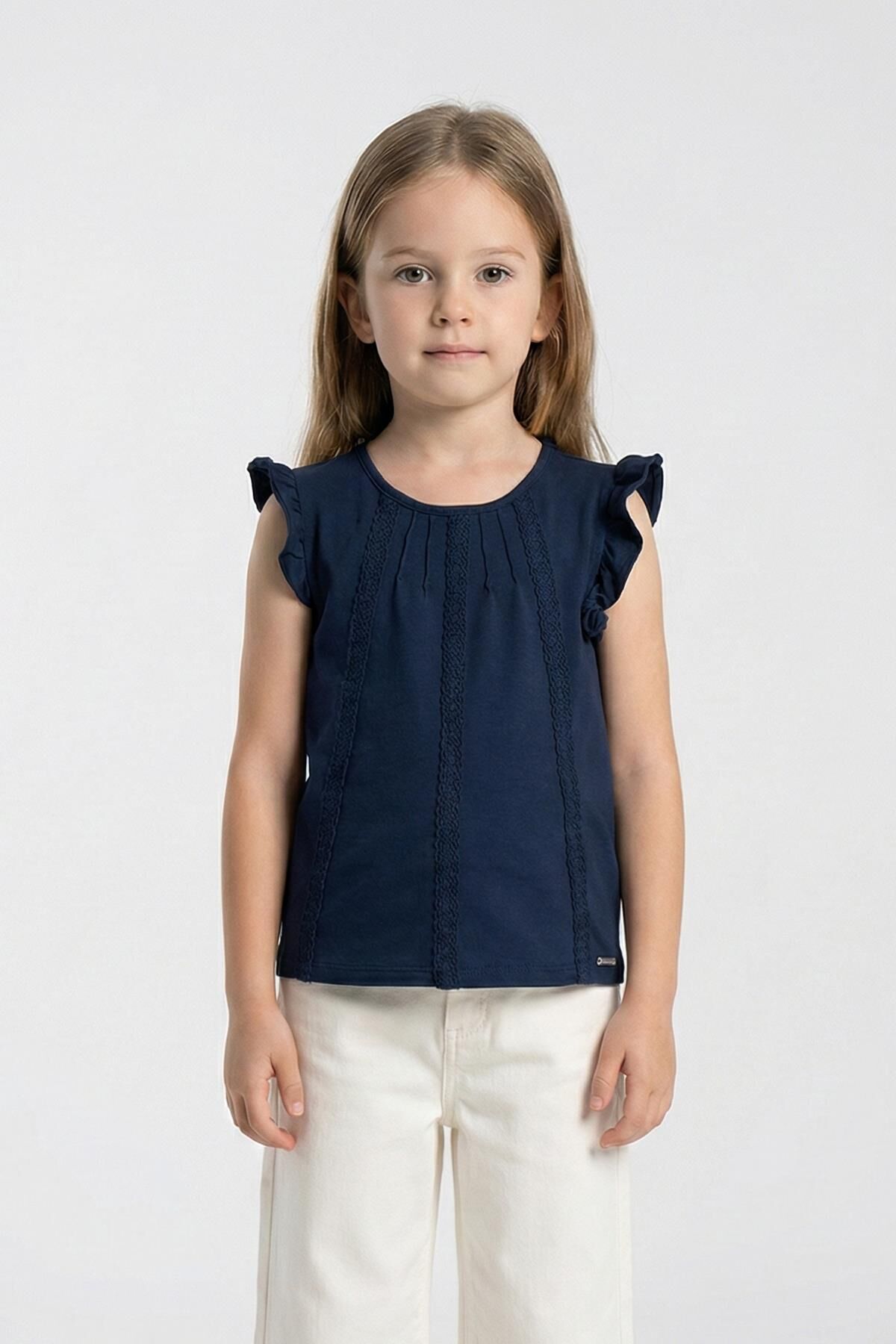 Dantel Detaylı Fırfırlı Kısa Kol Kız Çocuk Tişört Lacivert - 9 Yaş