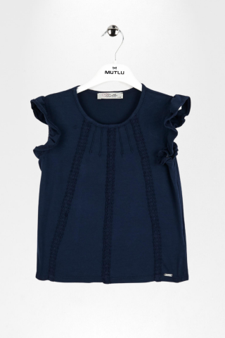 Dantel Detaylı Fırfırlı Kısa Kol Kız Çocuk Tişört Lacivert - 9 Yaş