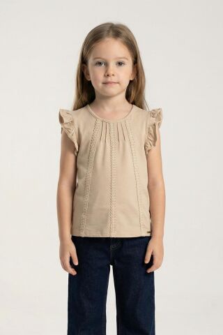 Dantel Detaylı Fırfırlı Kısa Kol Kız Çocuk Tişört TAŞ - 9 Yaş