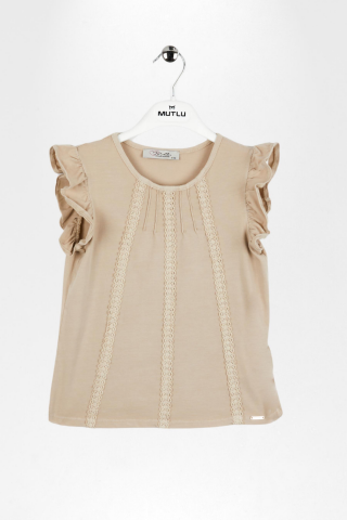 Dantel Detaylı Fırfırlı Kısa Kol Kız Çocuk Tişört TAŞ - 9 Yaş