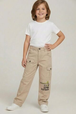 Mutlu Kids Baskı ve Cep Detaylı Erkek Çocuk Pantolon Krem - 11 Yaş