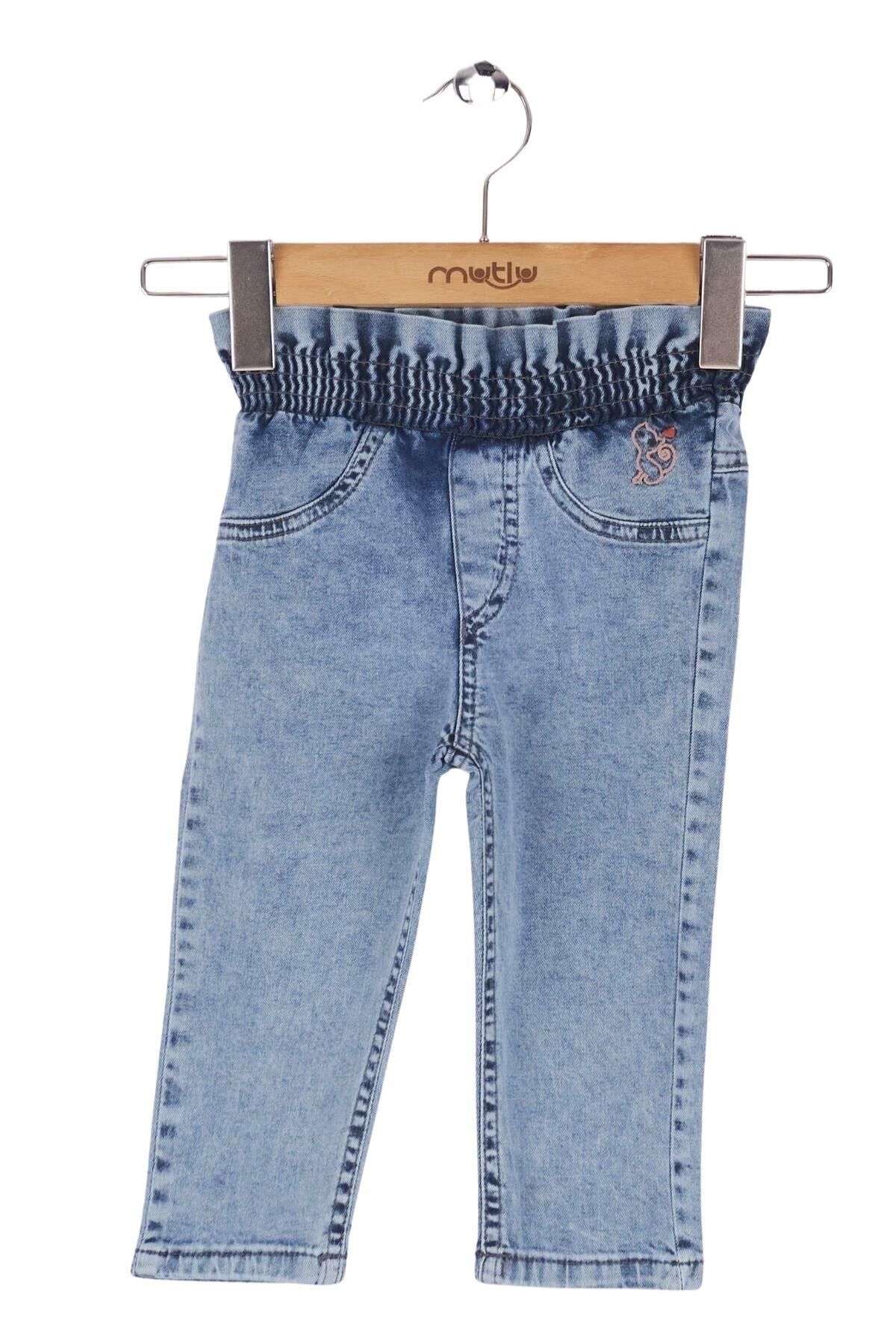 Mutlu Kids Beli Lastikli Kız Bebek Kot Pantolon ORTA MAVİ KAR - 6-9 Ay