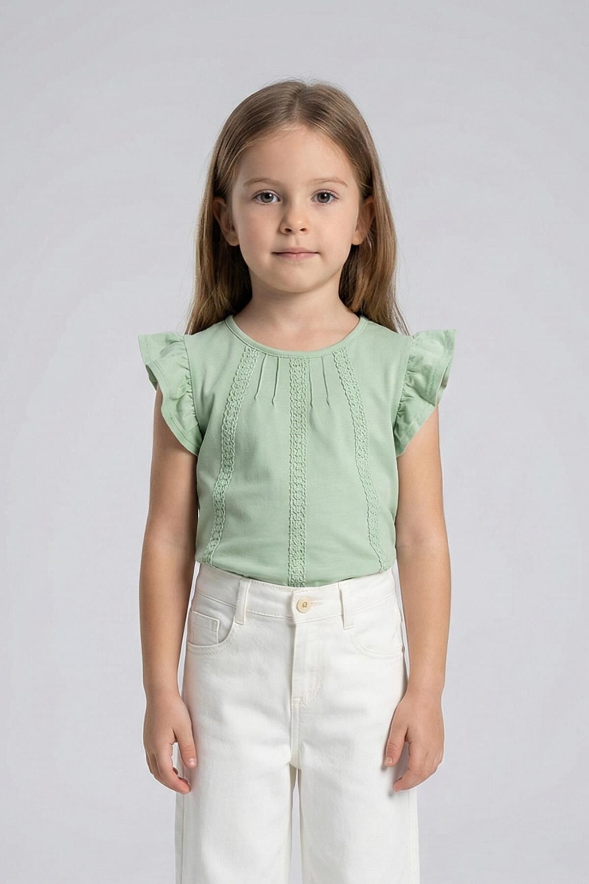 Dantel Detaylı Fırfırlı Kısa Kol Kız Çocuk Tişört ÇAĞLA - 9 Yaş