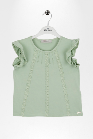 Dantel Detaylı Fırfırlı Kısa Kol Kız Çocuk Tişört ÇAĞLA - 9 Yaş