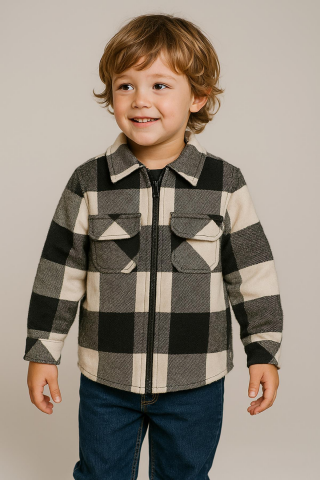 Mutlu Kids Oduncu Ekose Erkek Çocuk Fermuarlı Gömlek FÜME-SİYAH - 4 Yaş