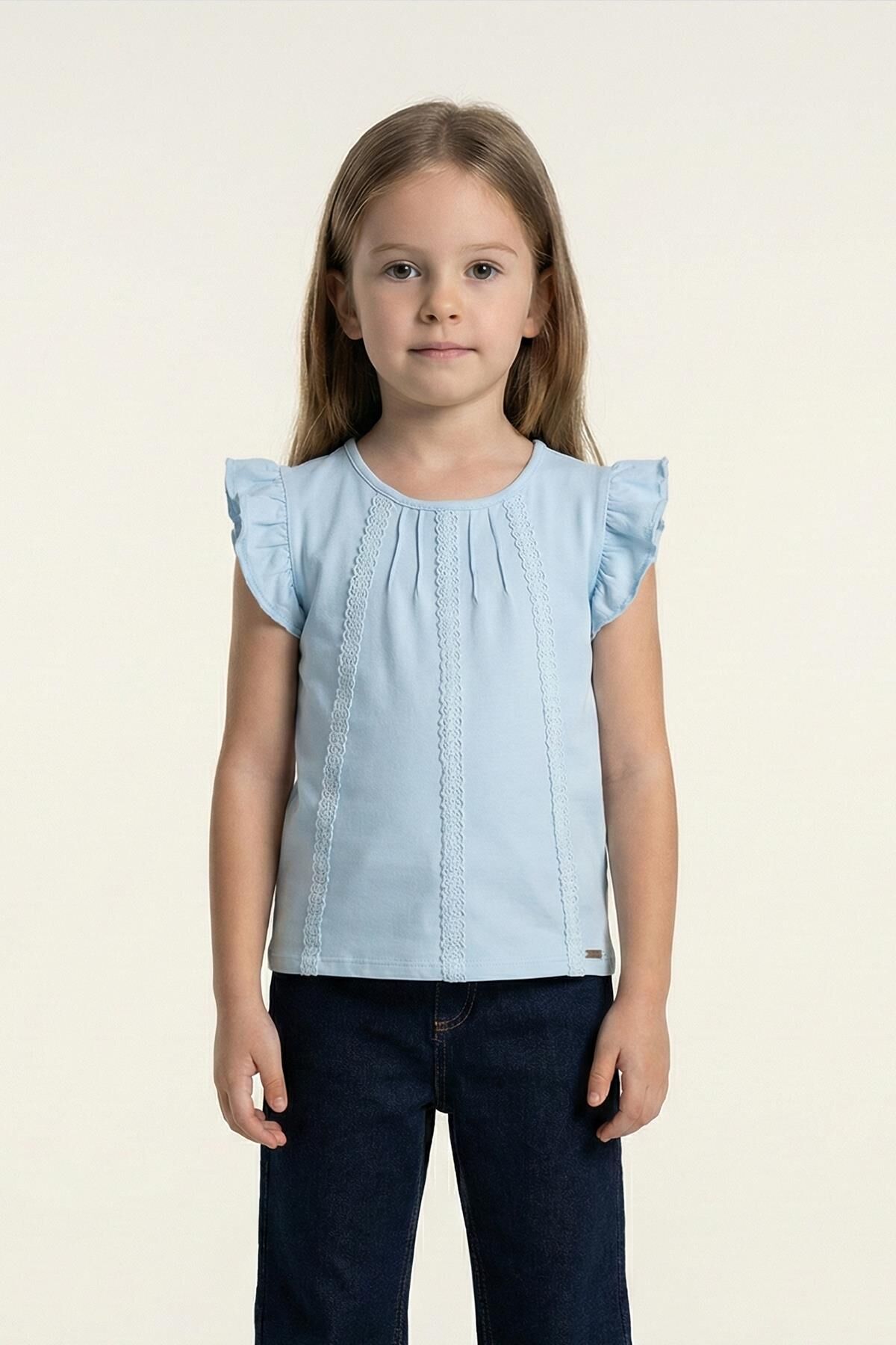 Dantel Detaylı Fırfırlı Kısa Kol Kız Çocuk Tişört Mavi - 9 Yaş