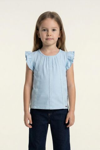 Dantel Detaylı Fırfırlı Kısa Kol Kız Çocuk Tişört Mavi - 9 Yaş