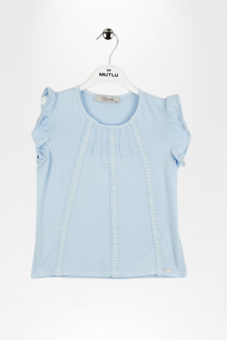 Dantel Detaylı Fırfırlı Kısa Kol Kız Çocuk Tişört Mavi - 9 Yaş