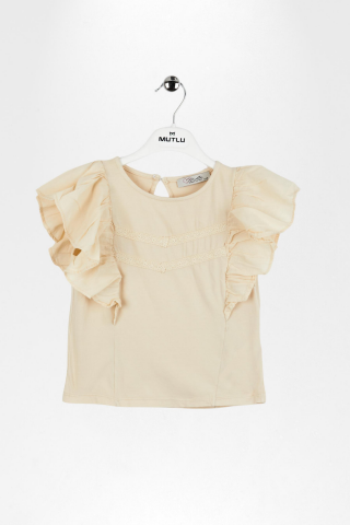 Fırfırlı Sıfır Kol Dantel Detaylı Kız Çocuk Tişört Mavi - 9 Yaş