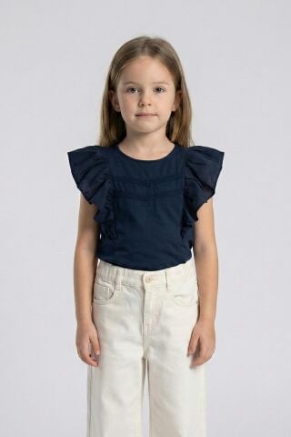 Fırfırlı Sıfır Kol Dantel Detaylı Kız Çocuk Tişört Mavi - 9 Yaş
