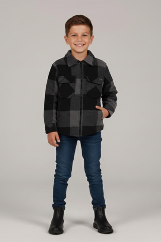 Mutlu Kids Oduncu Ekose Erkek Çocuk Fermuarlı Gömlek FÜME-SİYAH - 7 Yaş