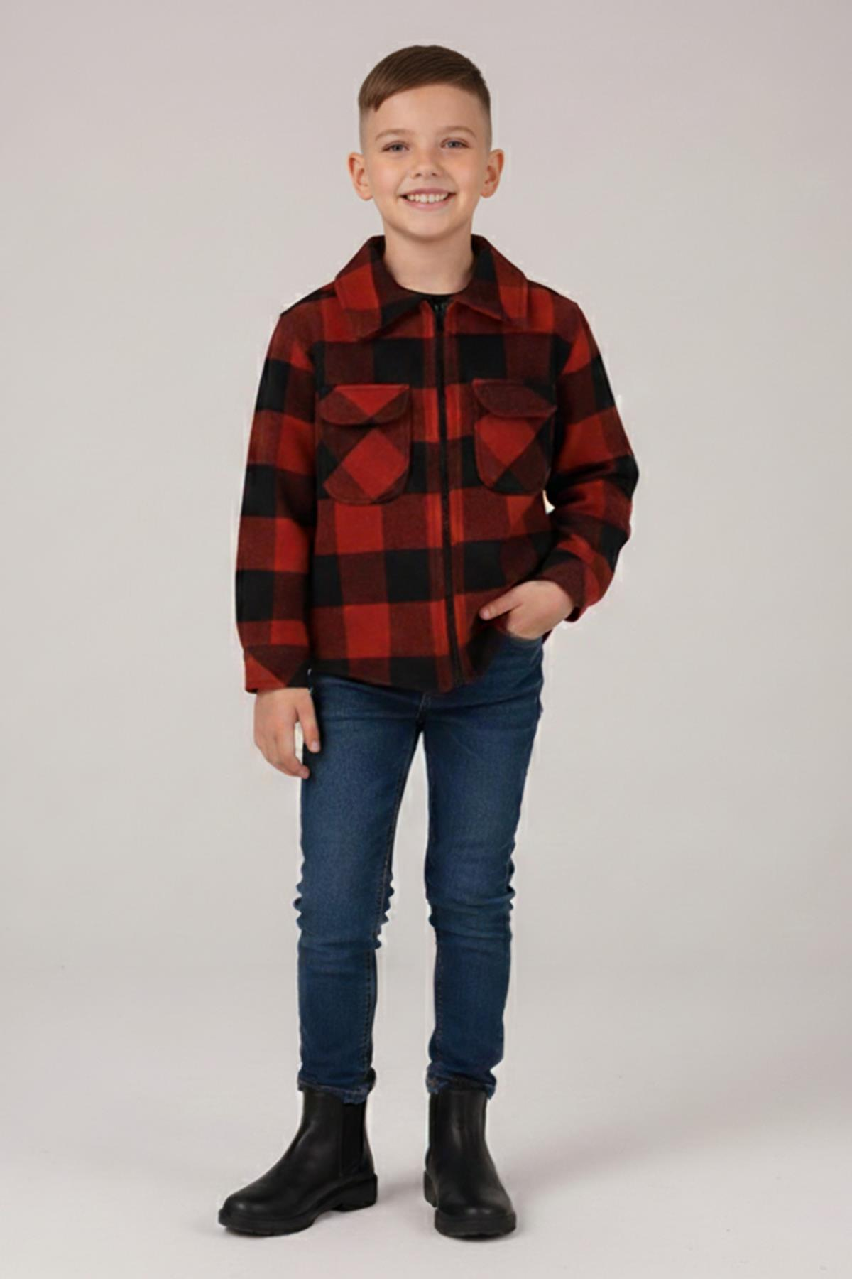 Mutlu Kids Oduncu Ekose Erkek Çocuk Fermuarlı Gömlek KIRMIZI-SİYAH - 6 Yaş