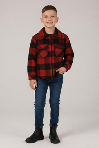 Mutlu Kids Oduncu Ekose Erkek Çocuk Fermuarlı Gömlek KIRMIZI-SİYAH - 7 Yaş