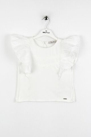 Fırfırlı Sıfır Kol Dantel Detaylı Kız Çocuk Tişört Beyaz - 9 Yaş