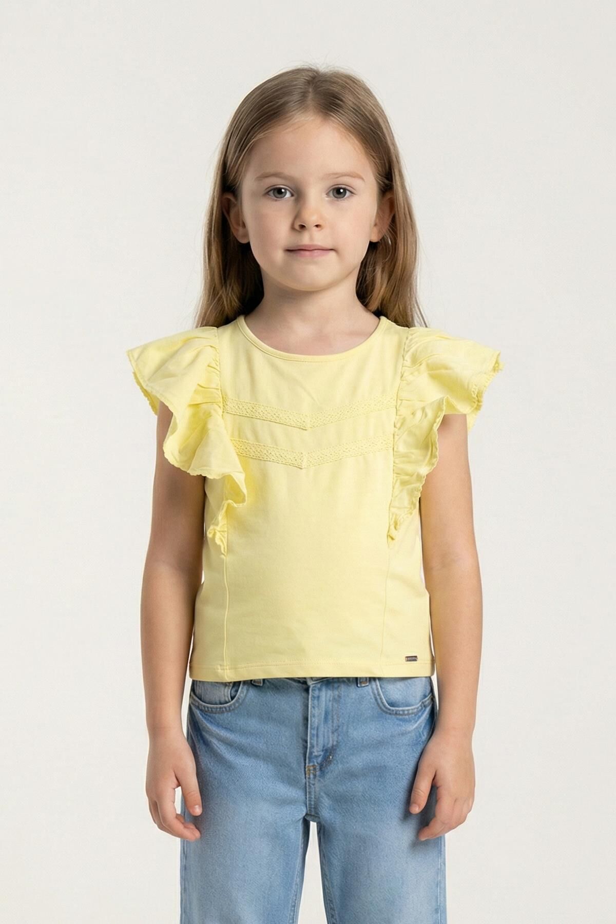 Fırfırlı Sıfır Kol Dantel Detaylı Kız Çocuk Tişört Sarı - 9 Yaş