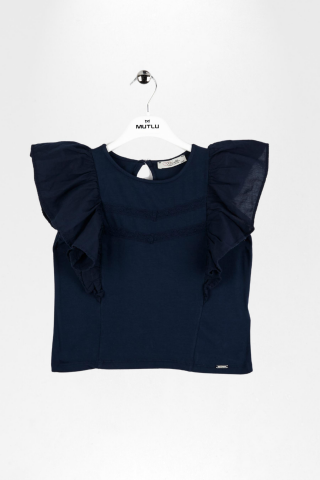 Fırfırlı Sıfır Kol Dantel Detaylı Kız Çocuk Tişört Lacivert - 9 Yaş