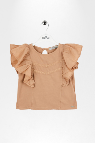 Fırfırlı Sıfır Kol Dantel Detaylı Kız Çocuk Tişört Vizon - 9 Yaş