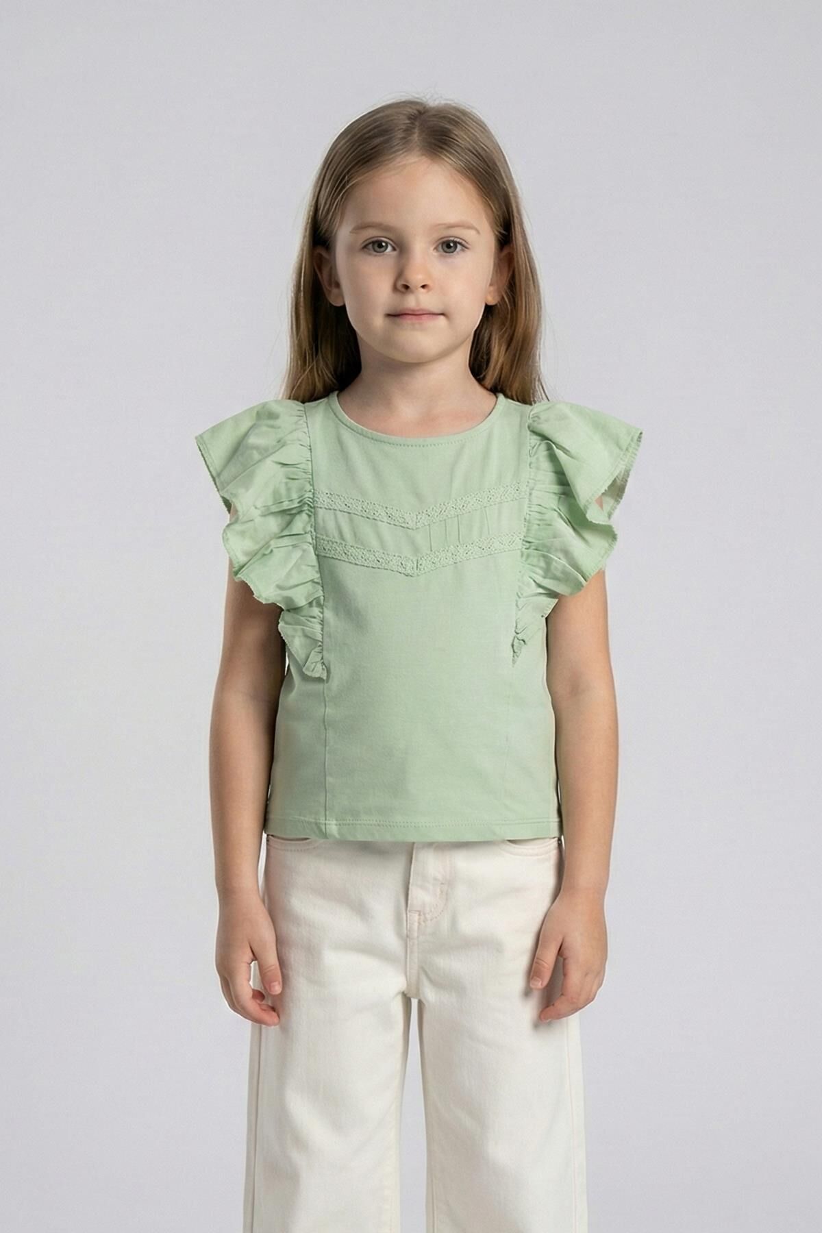 Fırfırlı Sıfır Kol Dantel Detaylı Kız Çocuk Tişört ÇAĞLA - 9 Yaş