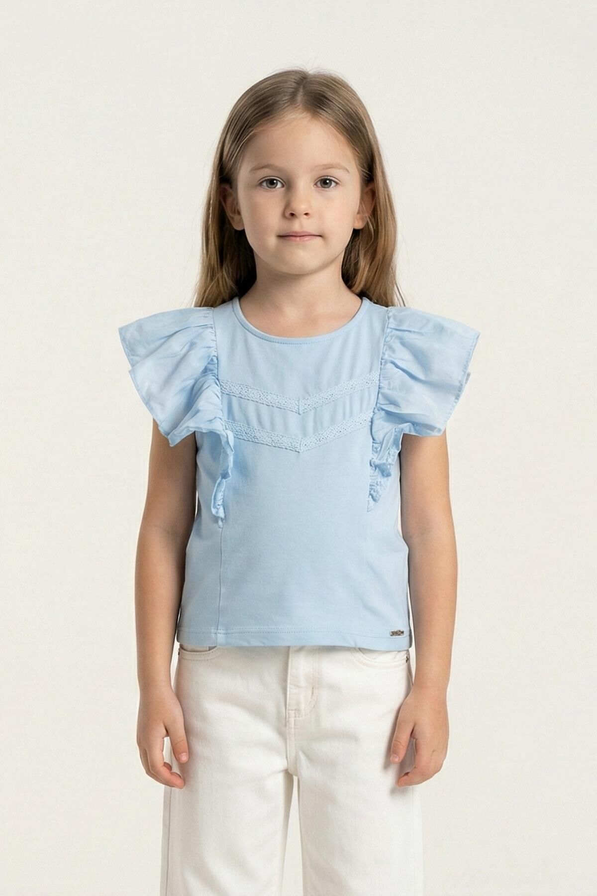 Fırfırlı Sıfır Kol Dantel Detaylı Kız Çocuk Tişört Mavi - 9 Yaş