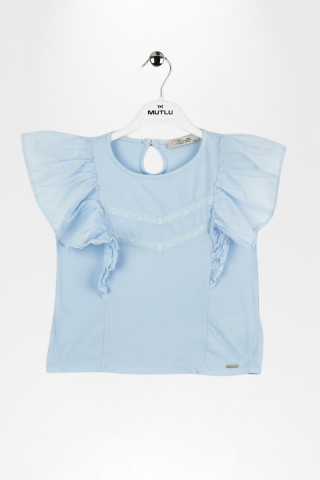 Fırfırlı Sıfır Kol Dantel Detaylı Kız Çocuk Tişört Mavi - 9 Yaş