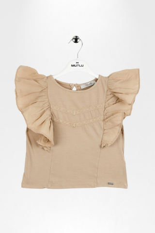 Fırfırlı Sıfır Kol Dantel Detaylı Kız Çocuk Tişört TAŞ - 9 Yaş