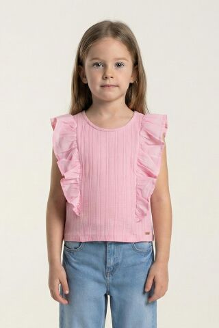 Fırfır Detaylı Sıfır Kol Kız Tişört Sarı - 6 Yaş