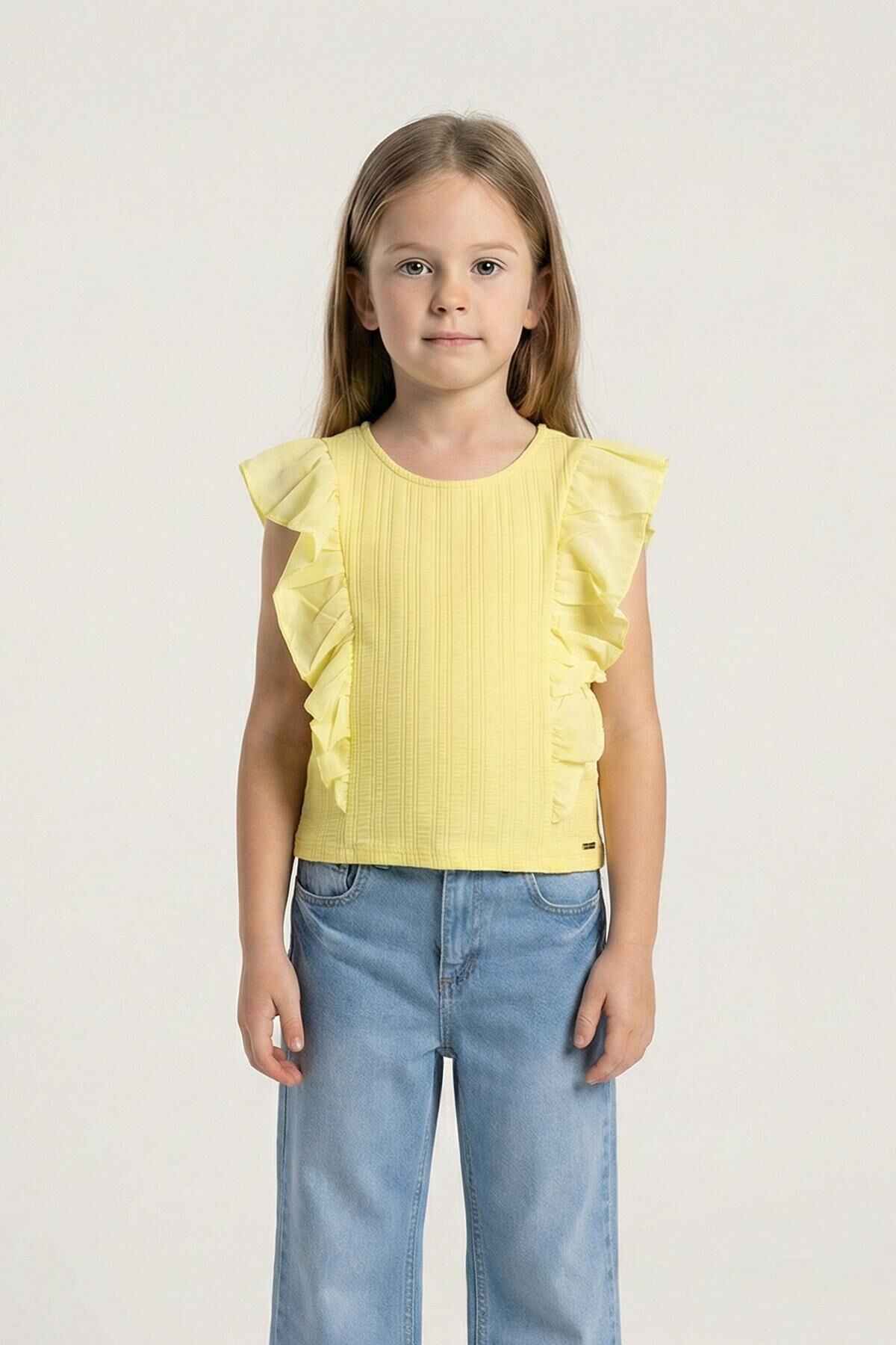 Fırfır Detaylı Sıfır Kol Kız Tişört Sarı - 6 Yaş