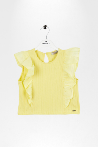 Fırfır Detaylı Sıfır Kol Kız Tişört Sarı - 6 Yaş