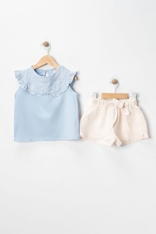 Sıfır Kol Tişörtlü ve Şortlu Kız Çocuk Takım Mavi - 5 Yaş