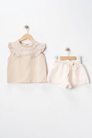 Sıfır Kol Tişörtlü ve Şortlu Kız Çocuk Takım Bej - 5 Yaş