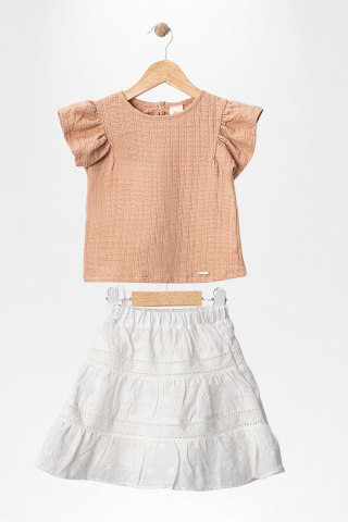 Fırfır Kollu Tişört ve Fistolu Etek 2'li  Kız Çocuk Takımı Mavi - 9 Yaş