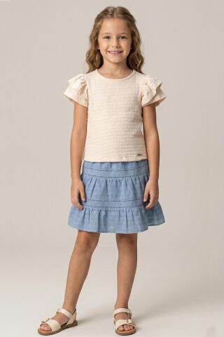 Fırfır Kollu Tişört ve Fistolu Etek 2'li  Kız Çocuk Takımı Bej - 9 Yaş