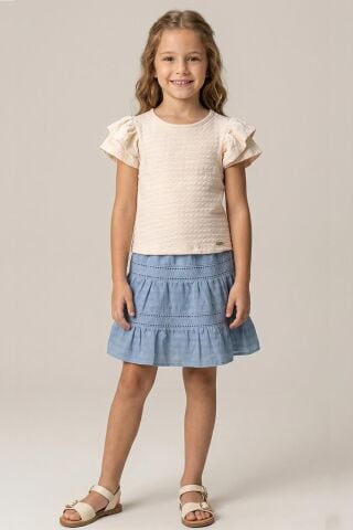 Fırfır Kollu Tişört ve Fistolu Etek 2'li  Kız Çocuk Takımı Bej - 9 Yaş