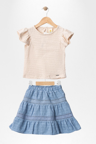 Fırfır Kollu Tişört ve Fistolu Etek 2'li  Kız Çocuk Takımı Bej - 9 Yaş
