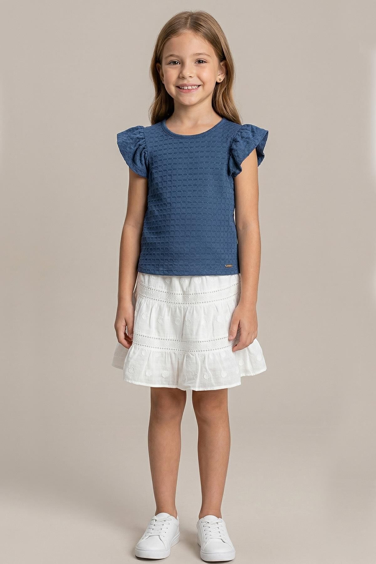 Fırfır Kollu Tişört ve Fistolu Etek 2'li  Kız Çocuk Takımı Lacivert - 8 Yaş