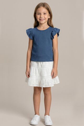 Fırfır Kollu Tişört ve Fistolu Etek 2'li  Kız Çocuk Takımı Lacivert - 8 Yaş