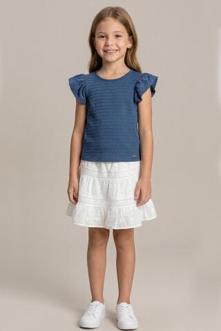 Fırfır Kollu Tişört ve Fistolu Etek 2'li  Kız Çocuk Takımı Lacivert - 8 Yaş