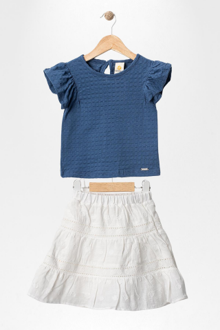 Fırfır Kollu Tişört ve Fistolu Etek 2'li  Kız Çocuk Takımı Lacivert - 8 Yaş