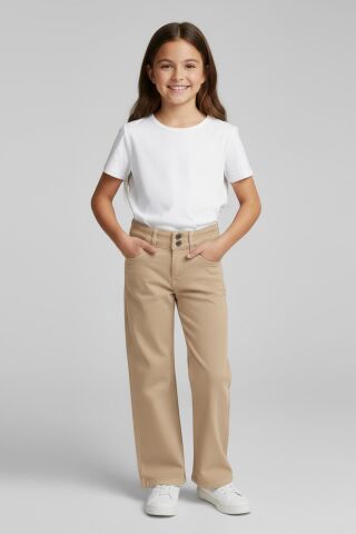 Mutlu Kids Kız Çocuk Wide Leg Kot Pantolon Bej - 8 Yaş