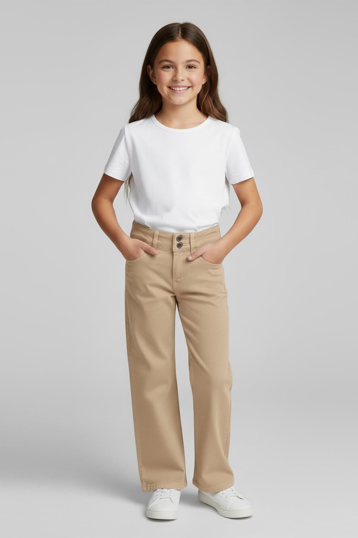 Mutlu Kids Kız Çocuk Wide Leg Kot Pantolon Bej - 9 Yaş