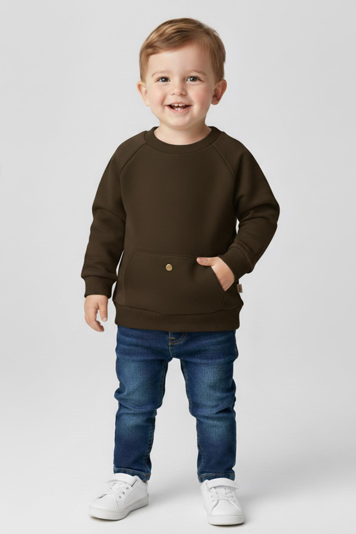 Mutlu Kids Cep Detaylı Erkek Bebek Sweatshirt Haki - 9-12 Ay