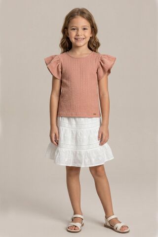 Fırfır Kollu Tişört ve Fistolu Etek 2'li  Kız Çocuk Takımı Vizon - 9 Yaş