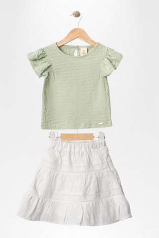 Fırfır Kollu Tişört ve Fistolu Etek 2'li  Kız Çocuk Takımı ÇAĞLA - 9 Yaş