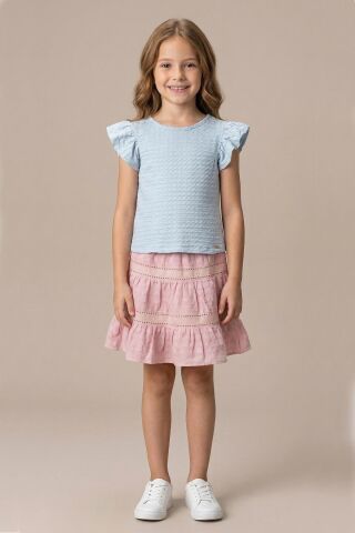 Fırfır Kollu Tişört ve Fistolu Etek 2'li  Kız Çocuk Takımı Mavi - 9 Yaş