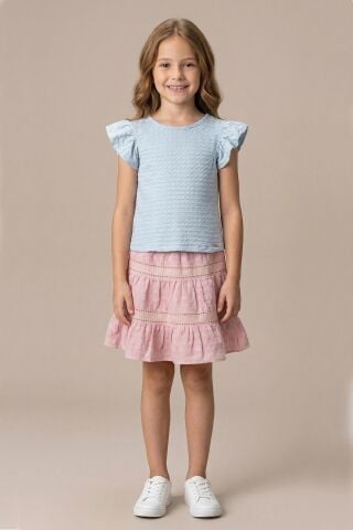 Fırfır Kollu Tişört ve Fistolu Etek 2'li  Kız Çocuk Takımı Mavi - 9 Yaş