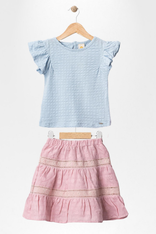 Fırfır Kollu Tişört ve Fistolu Etek 2'li  Kız Çocuk Takımı Mavi - 9 Yaş