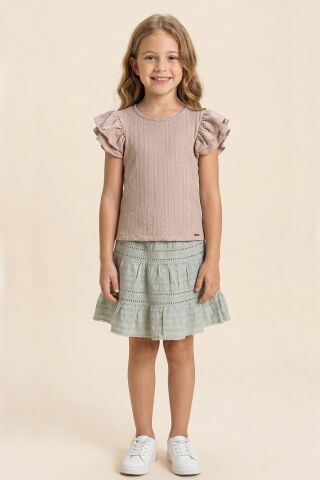 Fırfır Kollu Tişört ve Fistolu Etek 2'li  Kız Çocuk Takımı KAHVE - 8 Yaş